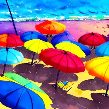 A serene ocean blue is interrupted by pops of color from the different beach umbrellas that are lined up along the shore. Each one is slightly different, whether it's a brighter striped pattern or a m