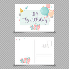 Vector colorful cute happy birthday greeting card postcard template. Greetings card happy birthday design with back of airmail blank postcard. a5 printable template