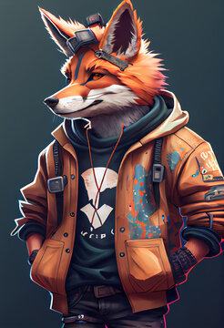 Fox in hip hop clothing, digital render