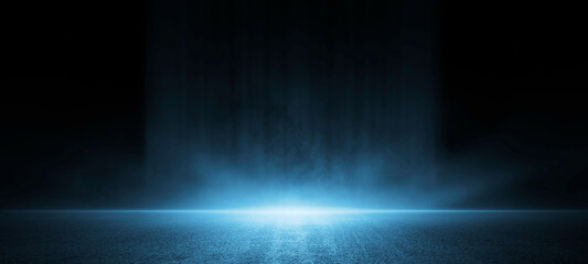 Fototapeta premium Dark street, asphalt abstract dark blue background, empty dark scene, neon light, spotlights The concrete floor and studio room with smoke float up the interior texture for display products
