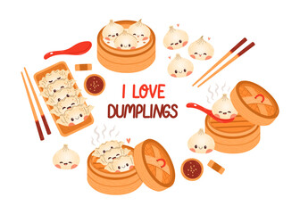Dumpling and gyoza set vector drawing. Traditional Japanese dumplings with funny smiling faces. Kawaii asian food vector
