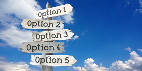 Option 1, 2, 3, 4, 5 - wooden signpost with five arrows © PX Media