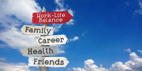 Work-life balance concept - family, career, health, friends - wooden signpost with five arrows