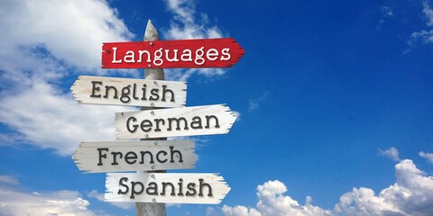 Languages concept - English, German, French, Spanish - wooden signpost with five arrows