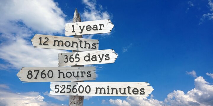 1 year, 12 months, 365 days, 8760 hours, 525600 minutes - wooden signpost with five arrows