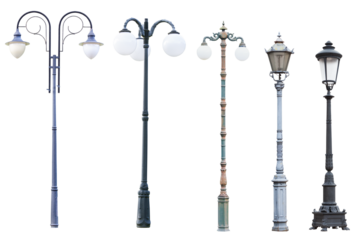 Real vintage street lamp posts and lanterns isolated