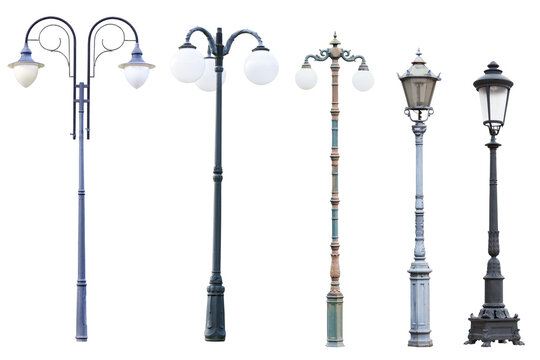 Real vintage street lamp posts and lanterns isolated
