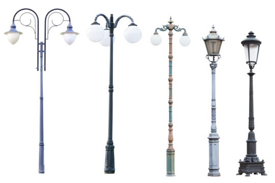 Real vintage street lamp posts and lanterns isolated