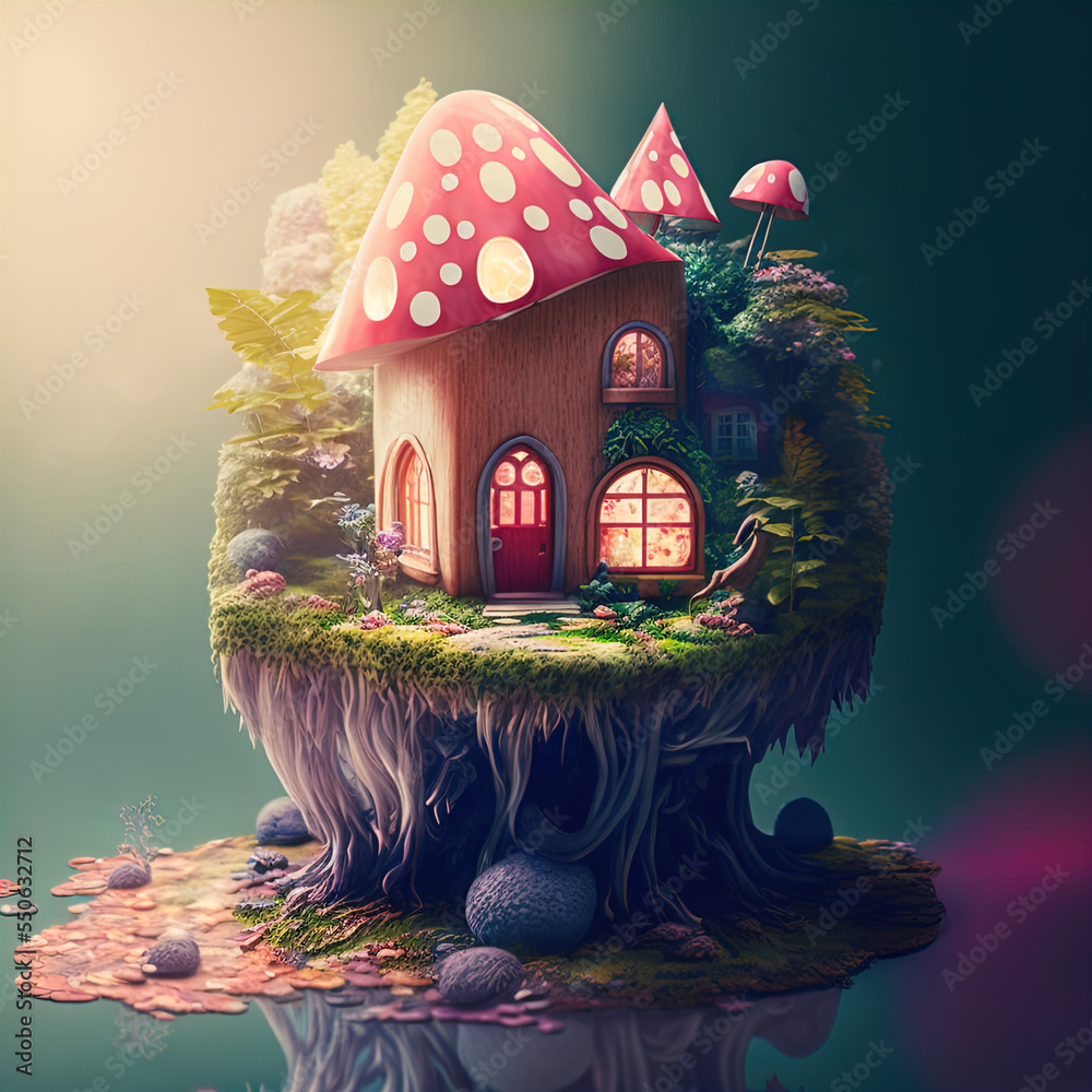 Wall mural Fairytale house where gnomes, goblins, fairies, elves and other magical creatures live. - Wall murals