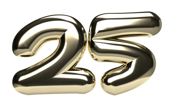Isolated Logo of Silver Jubilee Anniversary. Gold Metallic Three Dimensional Alphabet 25. 3D Render Illustration.