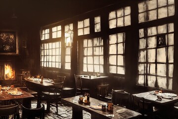 Obraz premium Dark moody medieval tavern interior with food and drink on tables, burning open fireplace, candles and daylight through a window. Digital art style, illustration painting