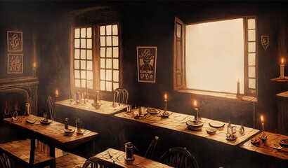 Obraz premium Dark moody medieval tavern interior with food and drink on tables, burning open fireplace, candles and daylight through a window. Digital art style, illustration painting