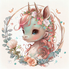 Unicorn illustration for children design. Rainbow hair. Isolated. Cute fantasy animal.