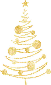 Hand drawn stylized gold colored Christmas tree, on transparent background	