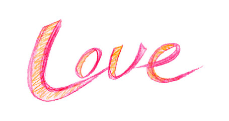 Love pink word hand drawn lettering with shadows. Valentine's Day poster card illustration. Drawn art sign. Word for logotype, badge, icon, card, postcard, logo, banner, tag.