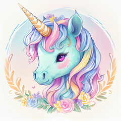 Unicorn illustration for children design. Rainbow hair. Isolated. Cute fantasy animal.