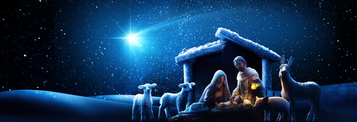 Nativity Of Jesus. The Birth of Jesus Christ, Religious Scene of the Sagrada Familia. Magic Comet...