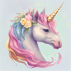 Unicorn illustration for children design. Rainbow hair. Isolated. Cute fantasy animal.