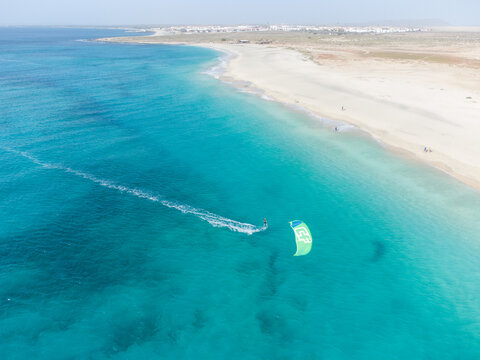Kitesurfing on Sal Island in Cape Verde from the drone