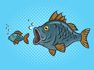 big fish chases small fish pinup pop art retro vector illustration. Comic book style imitation.