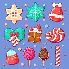 A set of christmas sweets, xmas candy sticker collection pack. Winter collection