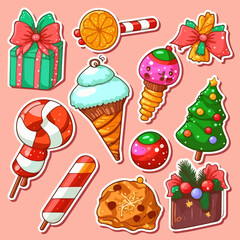 A set of christmas sweets, xmas candy sticker collection with ornament. Winter collection