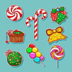 Christmas candies sticker set, xmas candy sticker collection. New-year holidays