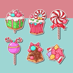 Christmas candies sticker set, xmas candy ornament sticker collection. New-year holidays