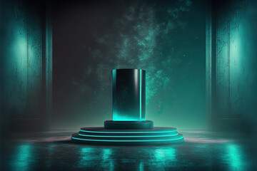 Naklejka premium Green marble stage podium, empty stage with neon light. Decoration product display showcase 3d render
