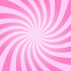 Radial twisted stipes, pinwheel pattern, vortex rosy sunset. Pink circus, festival or carnival background. Strawberry bubble gum, sweet lollipop candy, ice cream texture. Vector cartoon illustration