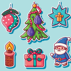 Naklejka premium A set of christmas decor, xmas attribute sticker collection with ornament. New-year collection