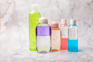 Micellar cleansing water to remove makeup and cleanse the skin of sebium. Beauty concept. Skin care. Place for text.MOCAPS. FLETLEY