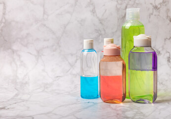 Micellar cleansing water to remove makeup and cleanse the skin of sebium. Beauty concept. Skin care. Place for text.MOCAPS. FLETLEY