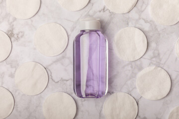 Micellar cleansing water and pads for removing cosmetics and cleansing the skin of sebium. Beauty concept. Skin care. Place for text.MOCAPS. FLETLEY