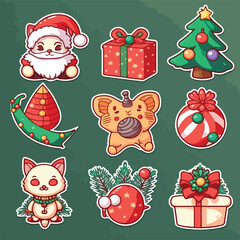 Fototapeta premium Christmas decoration sticker set, xmas attribute sticker collection. Winter collection