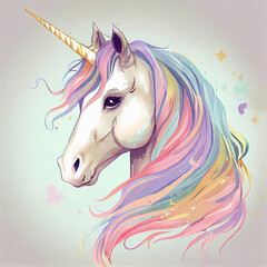 Fototapeta premium Unicorn illustration for children design. Rainbow hair. Isolated. Cute fantasy animal.