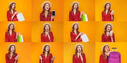 Obraz na płótnie Canvas Photo collage caucasian young woman with smartphone in hands isolated on orange background