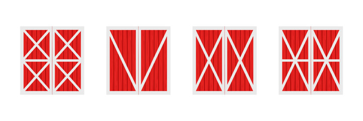 Set of red wooden barn doors. Front view. Elements of farm warehouse buildings isolated on white background. Vector cartoon illustration. - obrazy, fototapety, plakaty
