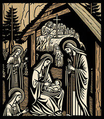 woodcut print of a christmas nativity scene 