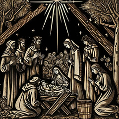 woodcut print of a christmas nativity scene 