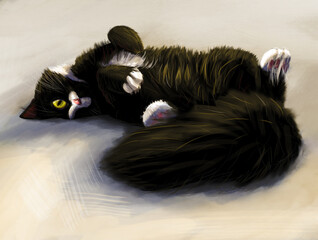 Digital drawing of a cat.
Cats are a symbol of rebirth and resurrection, for their nine lives. They lead a nocturnal lifestyle, but during the day they just lie on the bed.
