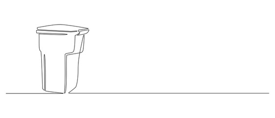 One continuous line drawing of garbage container. Plastic recycle waste dustbin in simple linear style. Trash box with close lid and empty space in editable stroke. Contour vector illustration