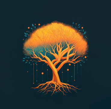 Intricate Abstract Orange  Tree Drawing