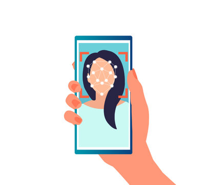 Vector of a woman using mobile phone with face recognition to gain access
