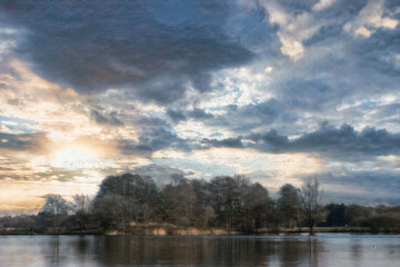 Scenic view of peaceful winter landscape with leafless trees at a lake and flock of birds under...