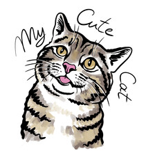 Cheerful funny realistic cat lettering isolated on white background. Watercolor. The muzzle is portrait in color. Illustration. Sample. Close-up. Hand drawing. Hand painting.