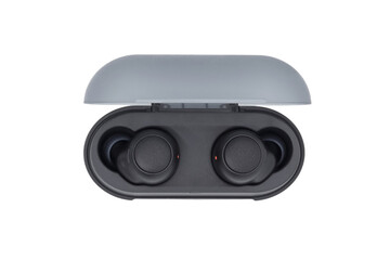 wireless headphones in a case on a white isolated background