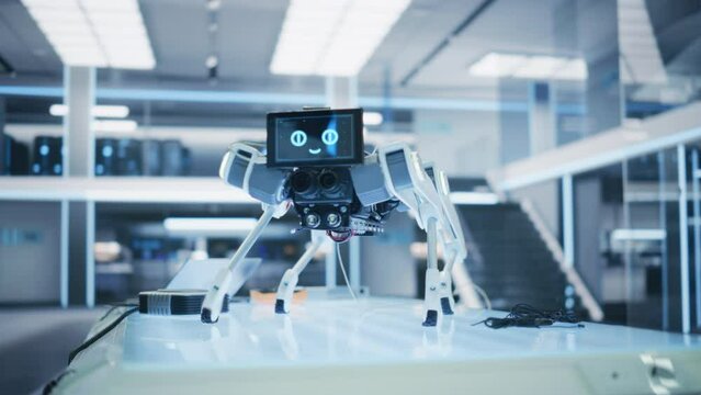 Robot Dog Prototype Standing in a High Tech Modern Industrial Facility. Mobile Robot with Lidars, Sensors, Optics, Computers, Cameras, Screen with Running Software Code and Smiling Emoji.