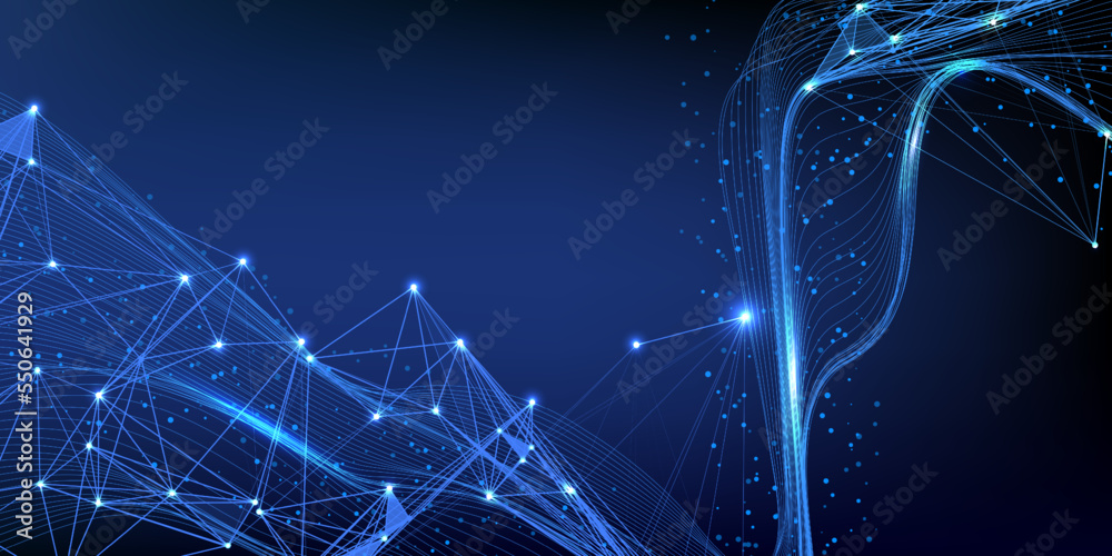 Poster Technology blue color scifi of science fluid grid pattern wave. Big data connection network concept. Global business infographic vector design.