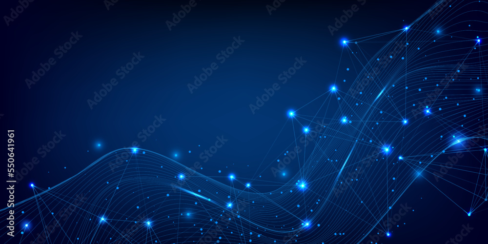 Poster Technology low poly wireframe with virtual futuristic dynamic wave. Science grid, plexus, polygon connection structure. Geometric graphic design vector.